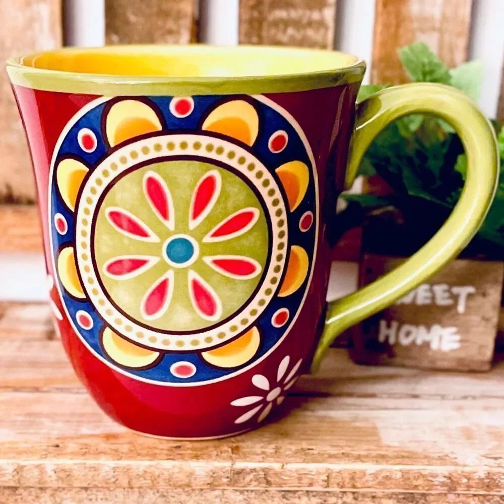 NWT Gorgeous Pier 1 Red Blue Ironstone MEXICALI Floral Rustic Coffee Mug - Picture 7 of 16